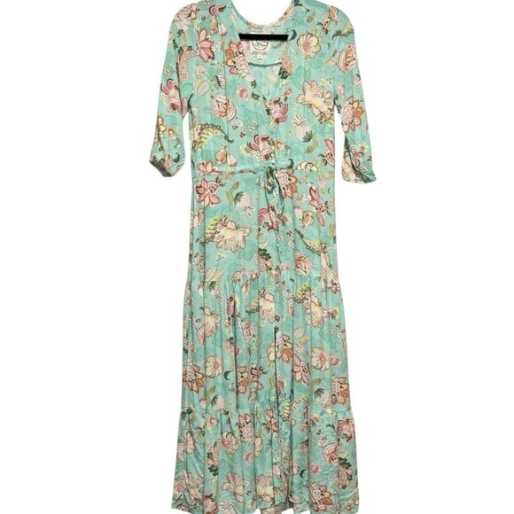 Sunday Mi Amor Womens Small Green Cottage Prairie Romantic Midi Floral Dress - Picture 1 of 9